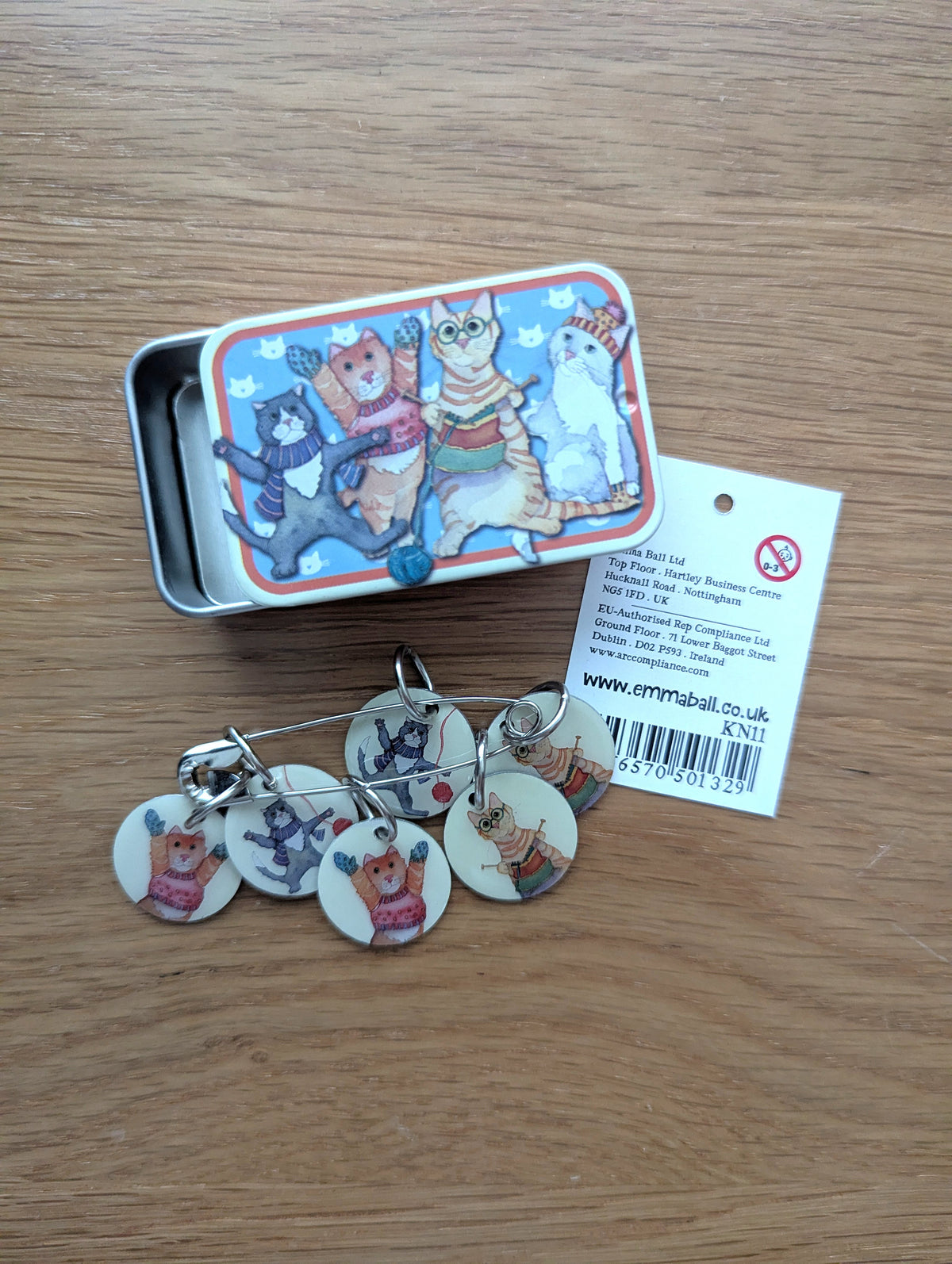 Emma Ball Kittens in Mittens Stitch Markers in a Pocket Tin