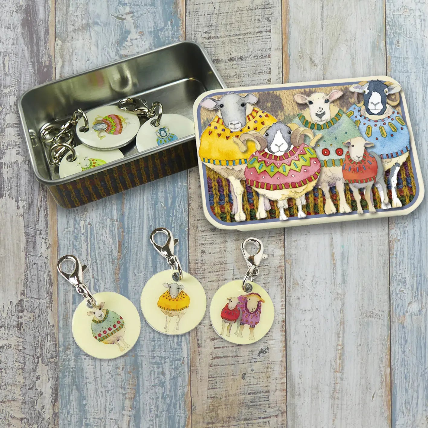 Emma Ball Sheep in Sweaters II Crochet Stitch Markers in Pocket Tin