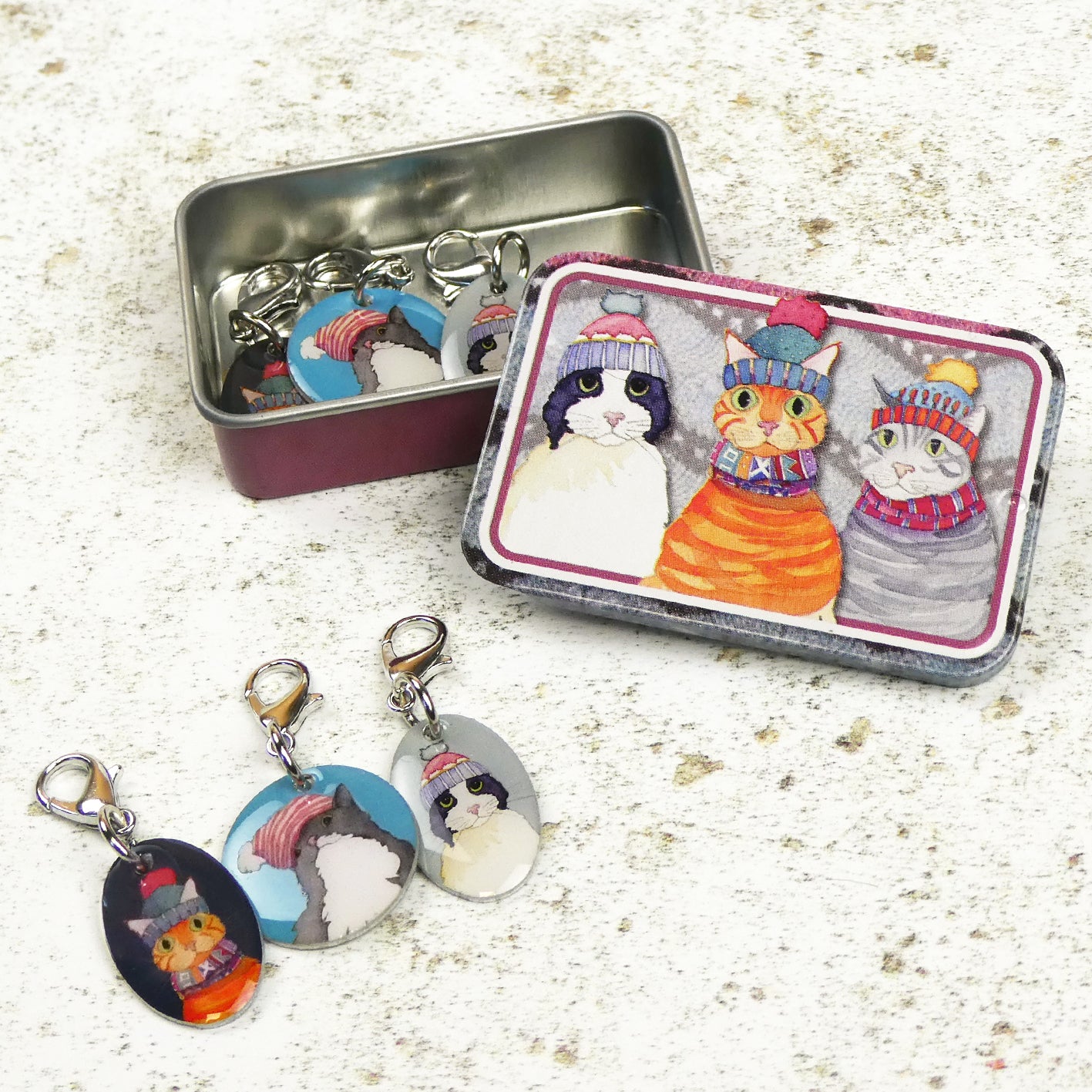Emma Ball Cats in Hats Crochet Stitch Markers in a Pocket Tin
