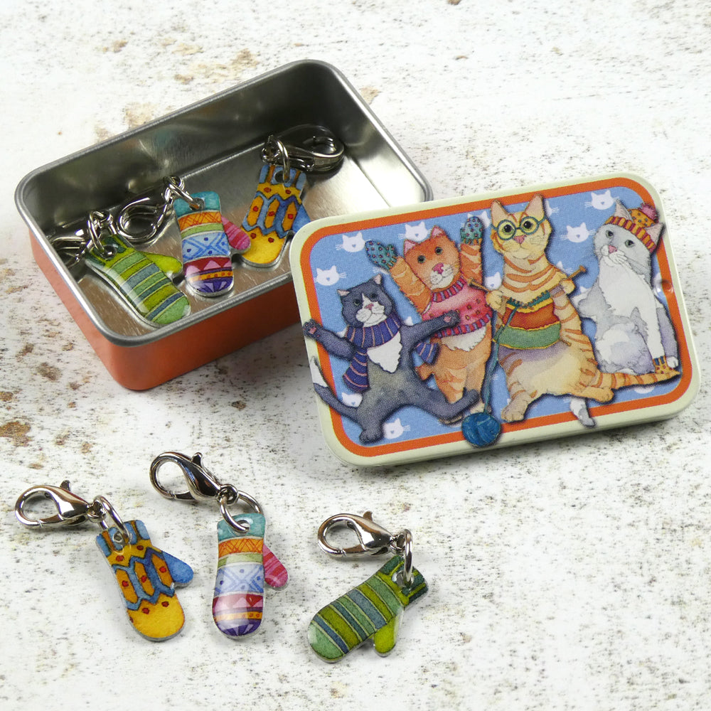 Emma Ball Mittens Stitch Markers in a Kittens Pocket Tin