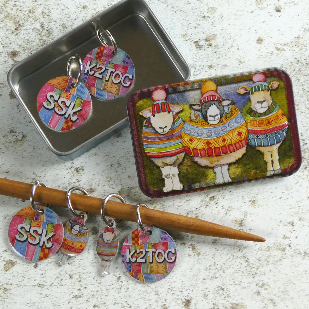 Emma Ball Stitch Markers in a Pocket Tin - SSK/K2tog and M1L/M1R