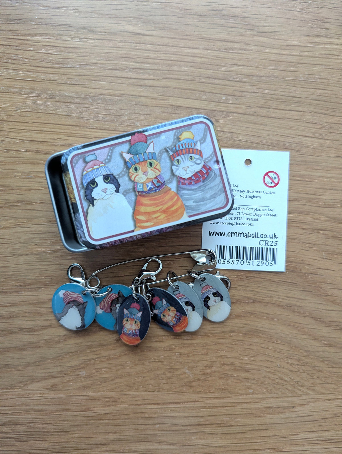 Emma Ball Cats in Hats Stitch Markers in a Pocket Tin