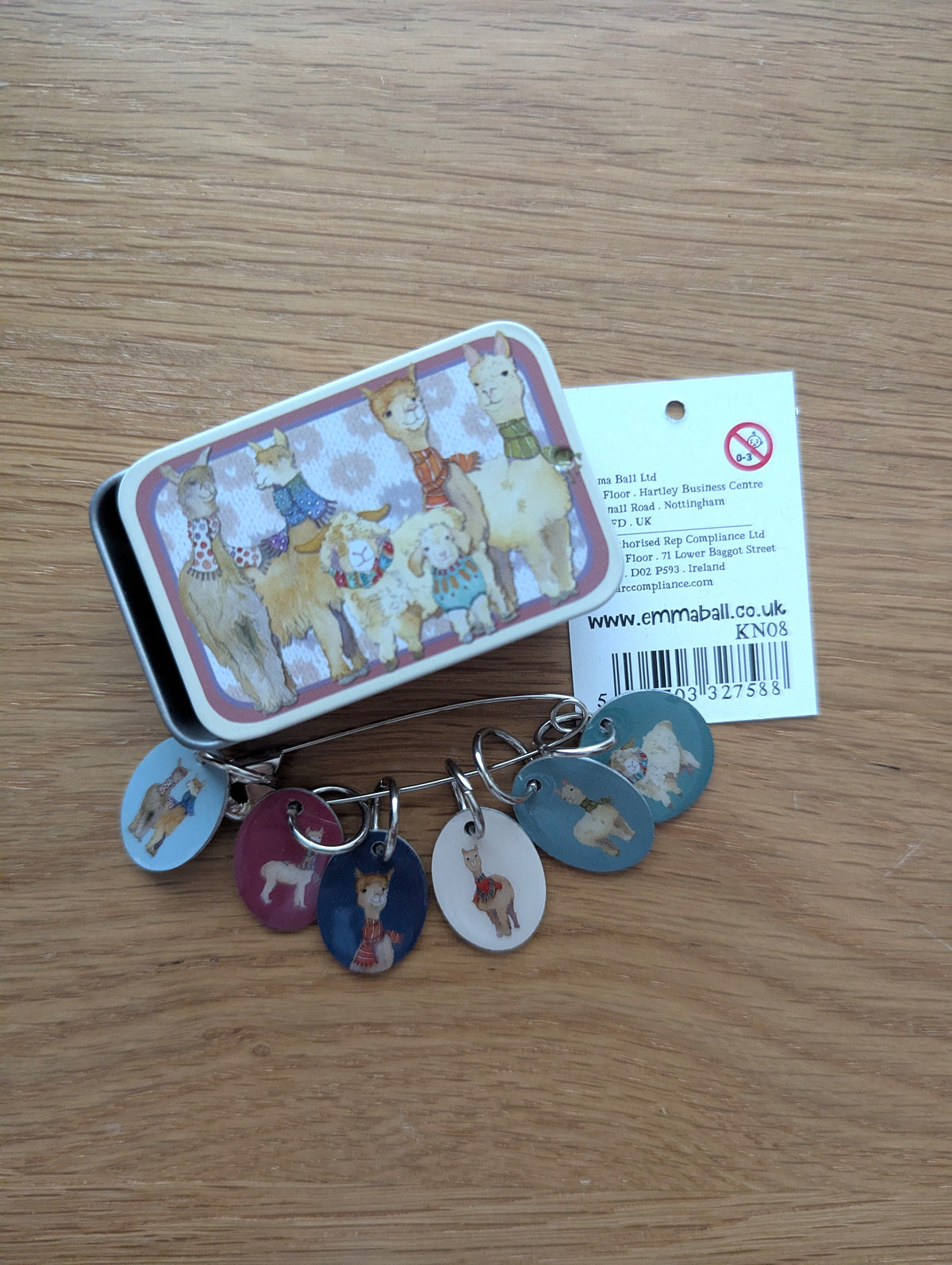 Emma Ball Alpacas & Friends Stitch Markers in a Pocket Tin
