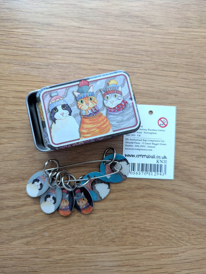 Emma Ball Cats in Hats Stitch Markers in a Pocket Tin