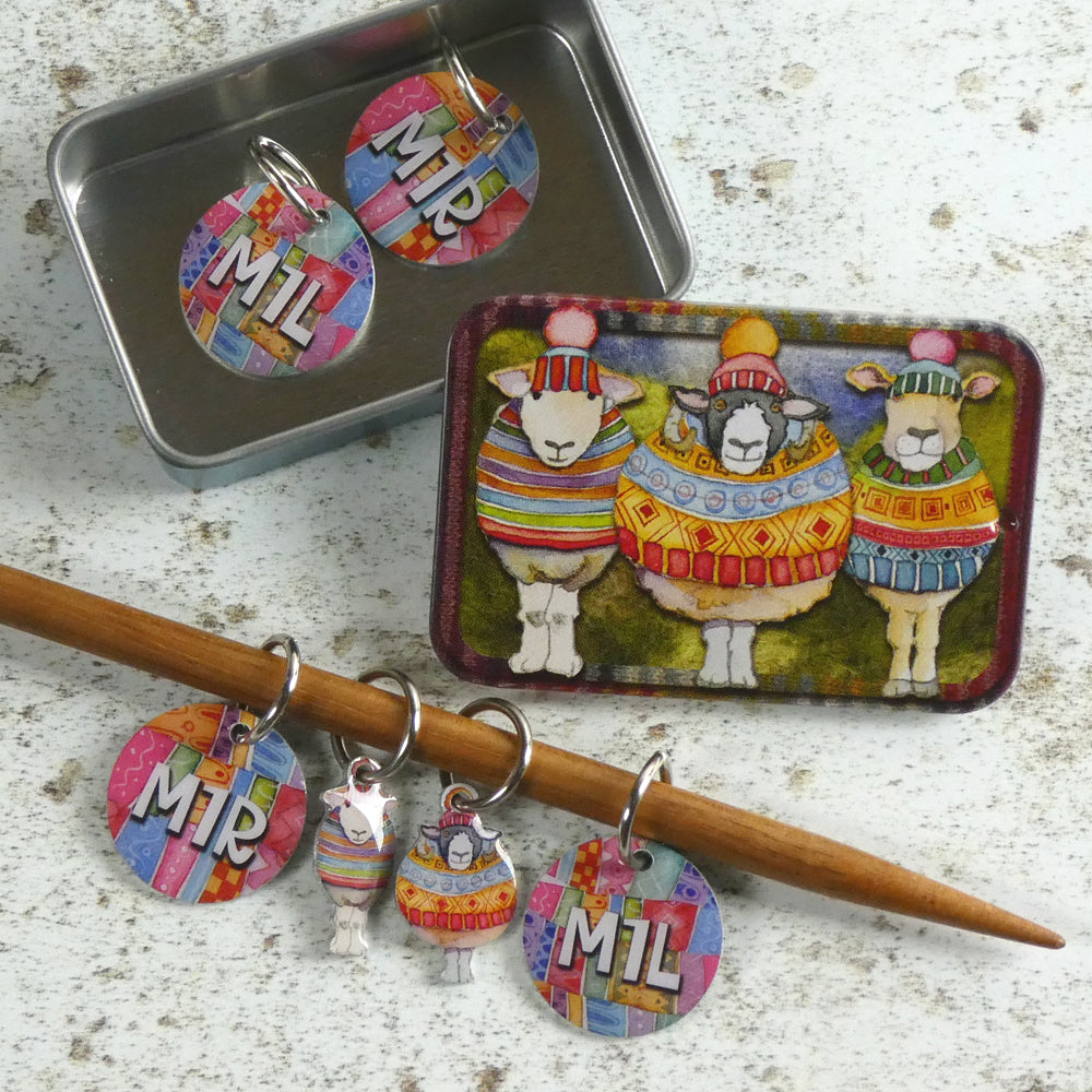 Emma Ball Stitch Markers in a Pocket Tin - SSK/K2tog and M1L/M1R