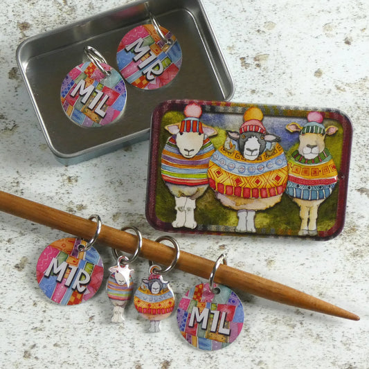 Emma Ball Stitch Markers in a Pocket Tin - SSK/K2tog and M1L/M1R