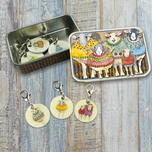 Emma Ball Sheep in Sweaters II Crochet Stitch Markers in Pocket Tin