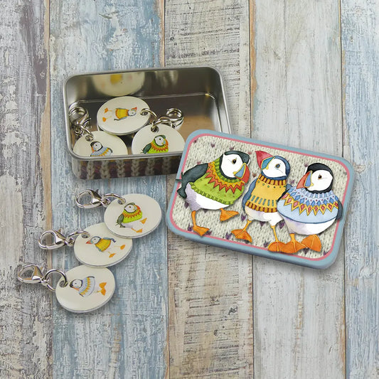 Emma Ball Woolly Puffins II Crochet Stitch Markers in Pocket Tin