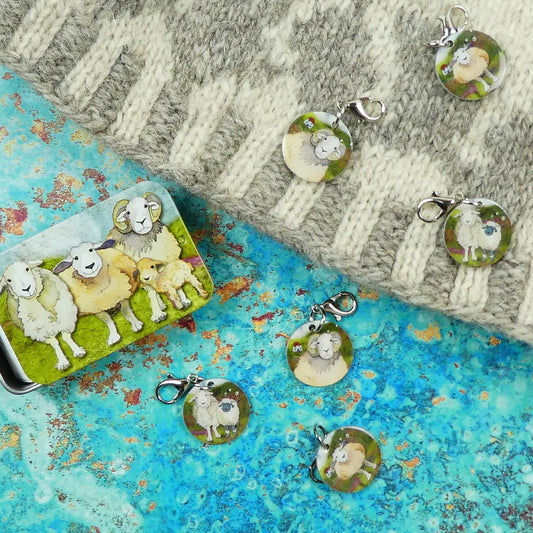 Emma Ball Felted Sheep Crochet Stitch Markers in Pocket Tin