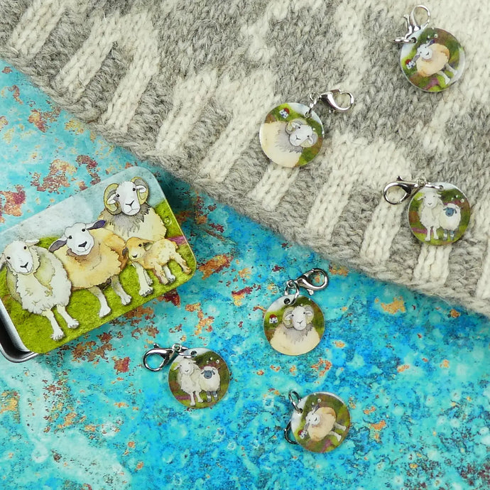 Emma Ball Felted Sheep Crochet Stitch Markers in Pocket Tin