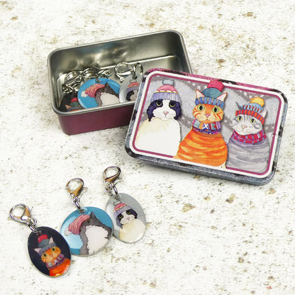 Emma Ball Cats in Hats Stitch Markers in a Pocket Tin