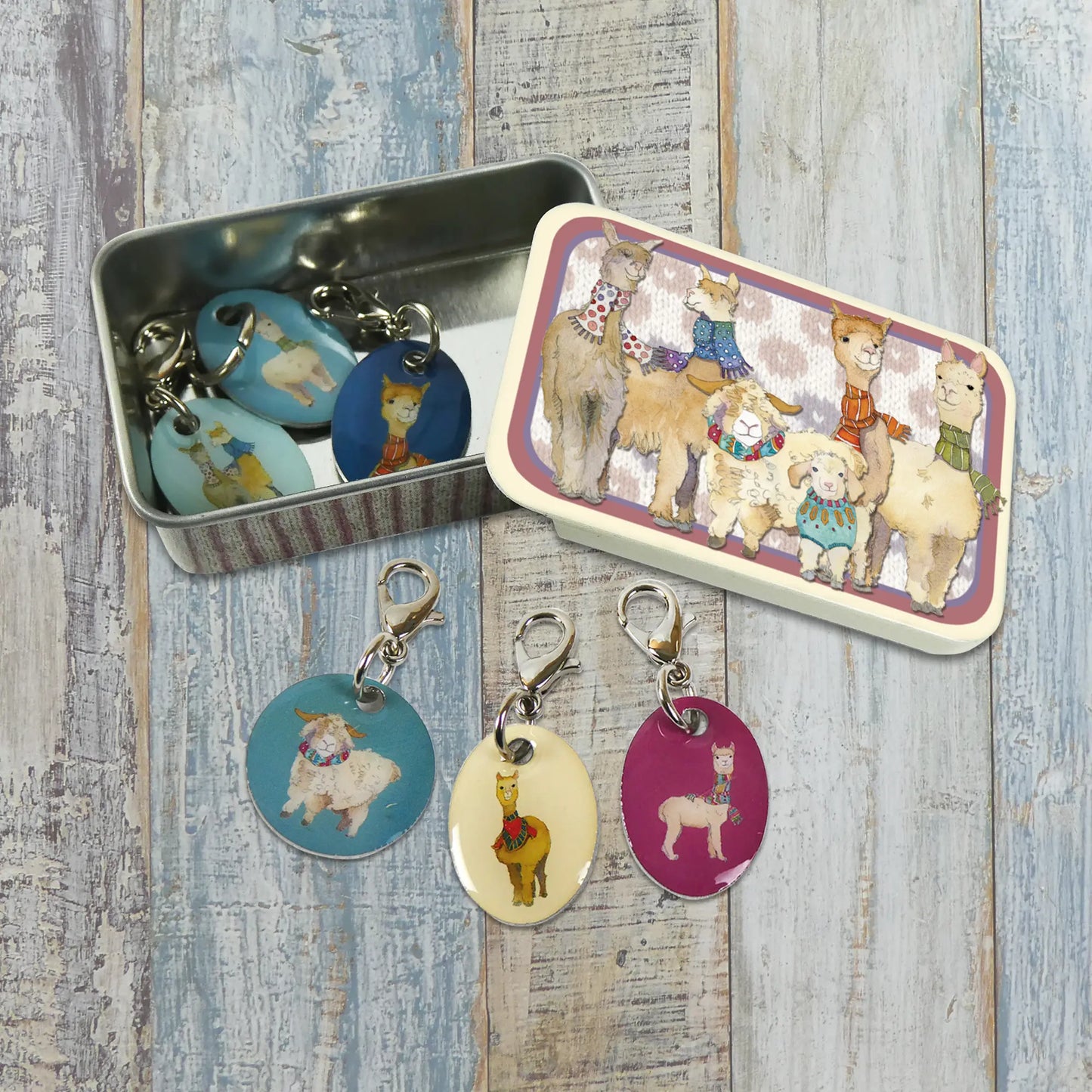Emma Ball Alpacas & Friends Stitch Markers in a Pocket Tin